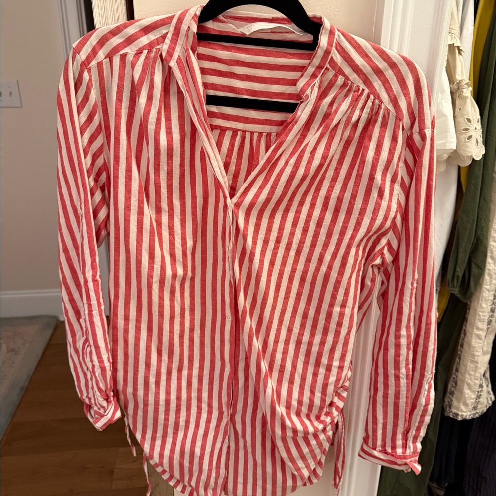 Zara Red and White Relaxed Blouse with Mandarin Collar